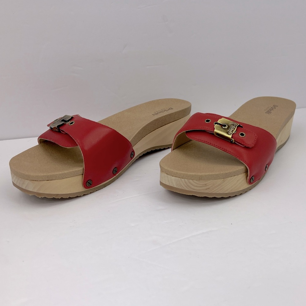Dr Scholl’s SHOES, RED LEATHER TOP, ADJUSTABLE TOP STRAP, WOODEN SOLE, SIZE 10M - Picture 3 of 16